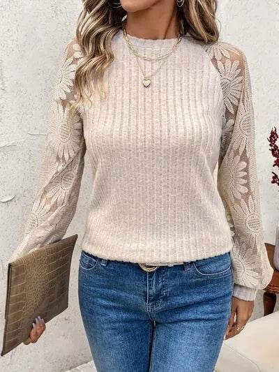 Round Neck Lace Patchwork Long Sleeve Top - Bona Fide Fashion