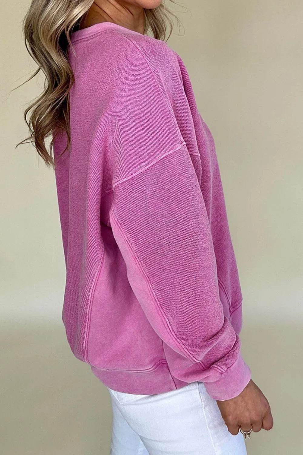Notched Drop Shoulder Long Sleeve Sweatshirt - Bona Fide Fashion