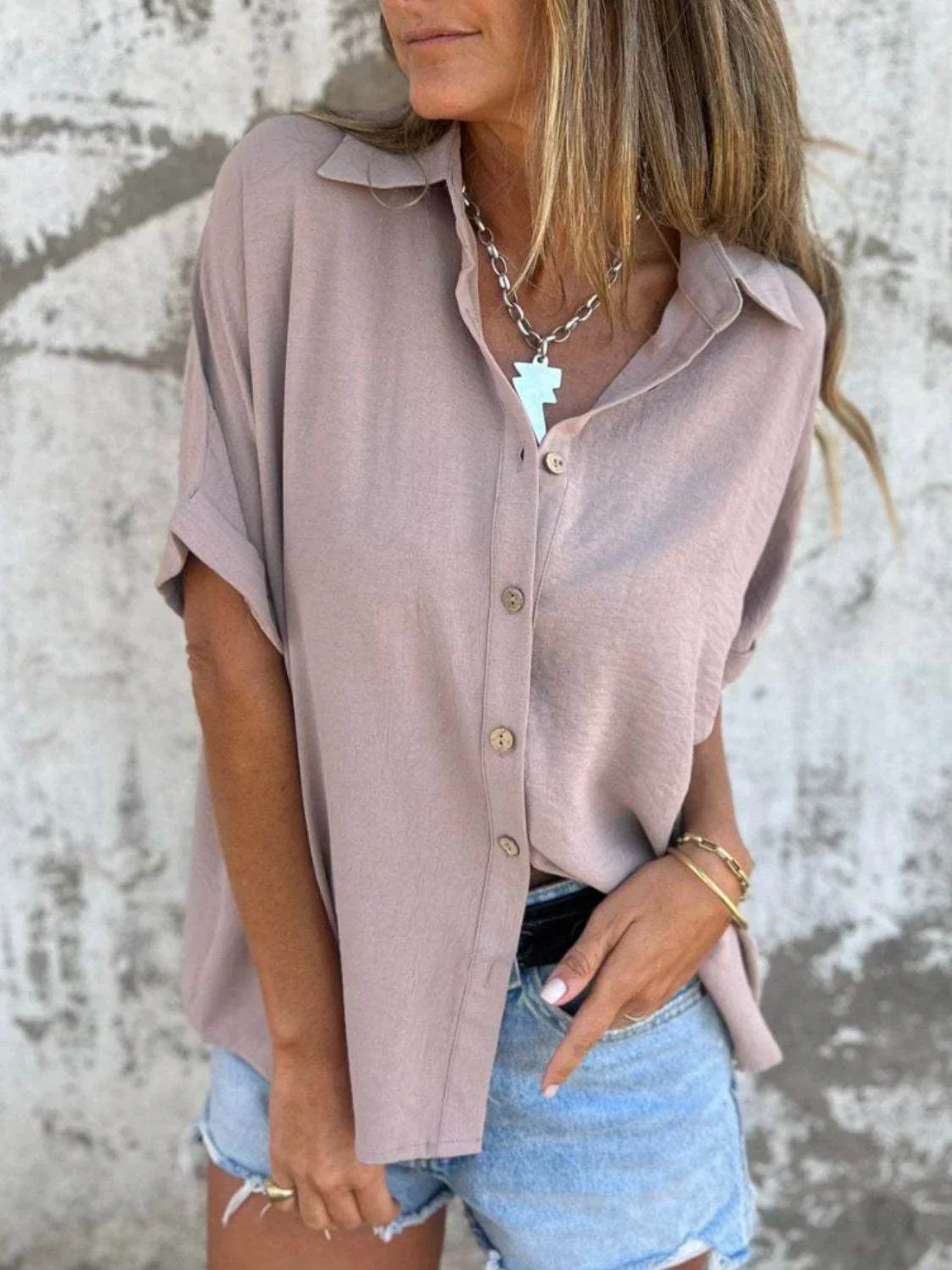 Full Size Button Down Short Sleeve Shirt Plus Size - Bona Fide Fashion