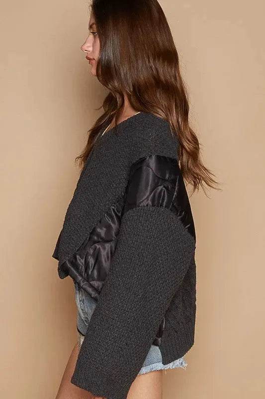 POL Cable Knit Quilting Patch V-Neck Sweater - Bona Fide Fashion