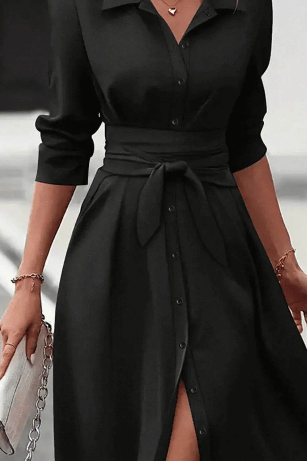 Collared Neck Long Sleeve Midi Shirt Dress - Bona Fide Fashion