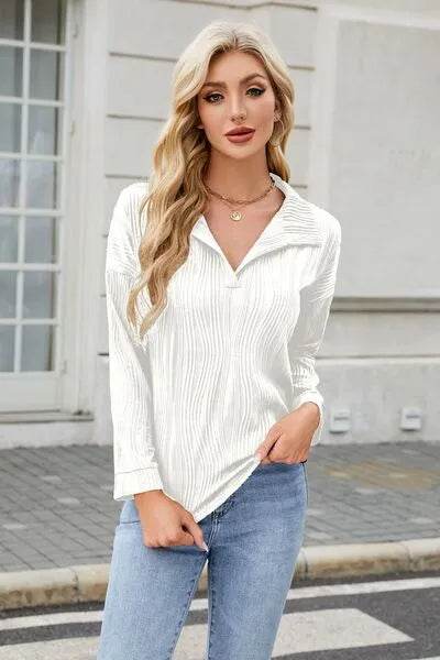 Texture Collared Neck Long Sleeve Blouse - Bona Fide Fashion