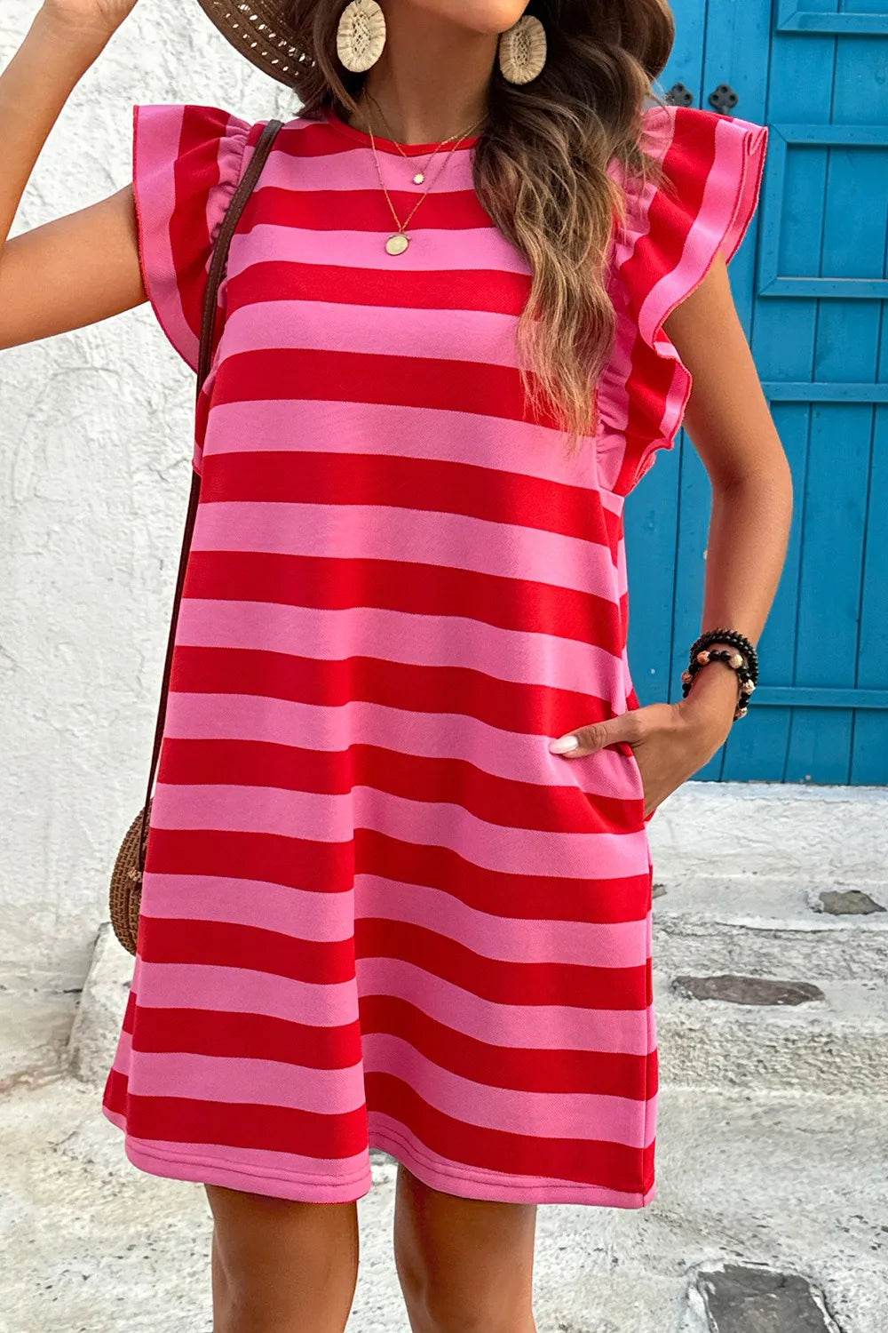 Contrast Striped Round Neck Cap Sleeve Mini Dress - Bona Fide Fashion