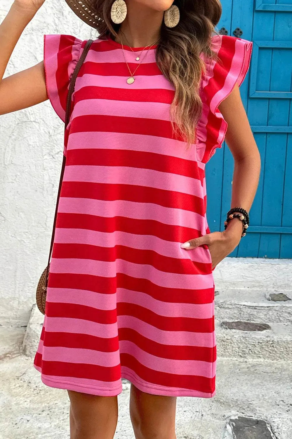 Contrast Striped Round Neck Cap Sleeve Mini Dress - Bona Fide Fashion