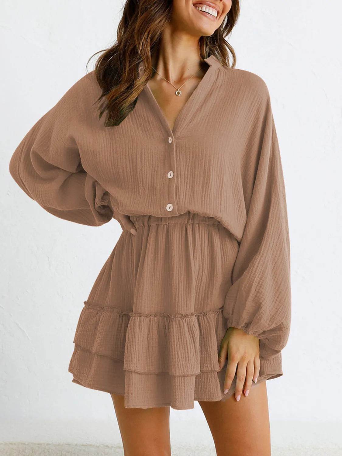 Ruffled Notched Balloon Sleeve Mini Dress - Bona Fide Fashion