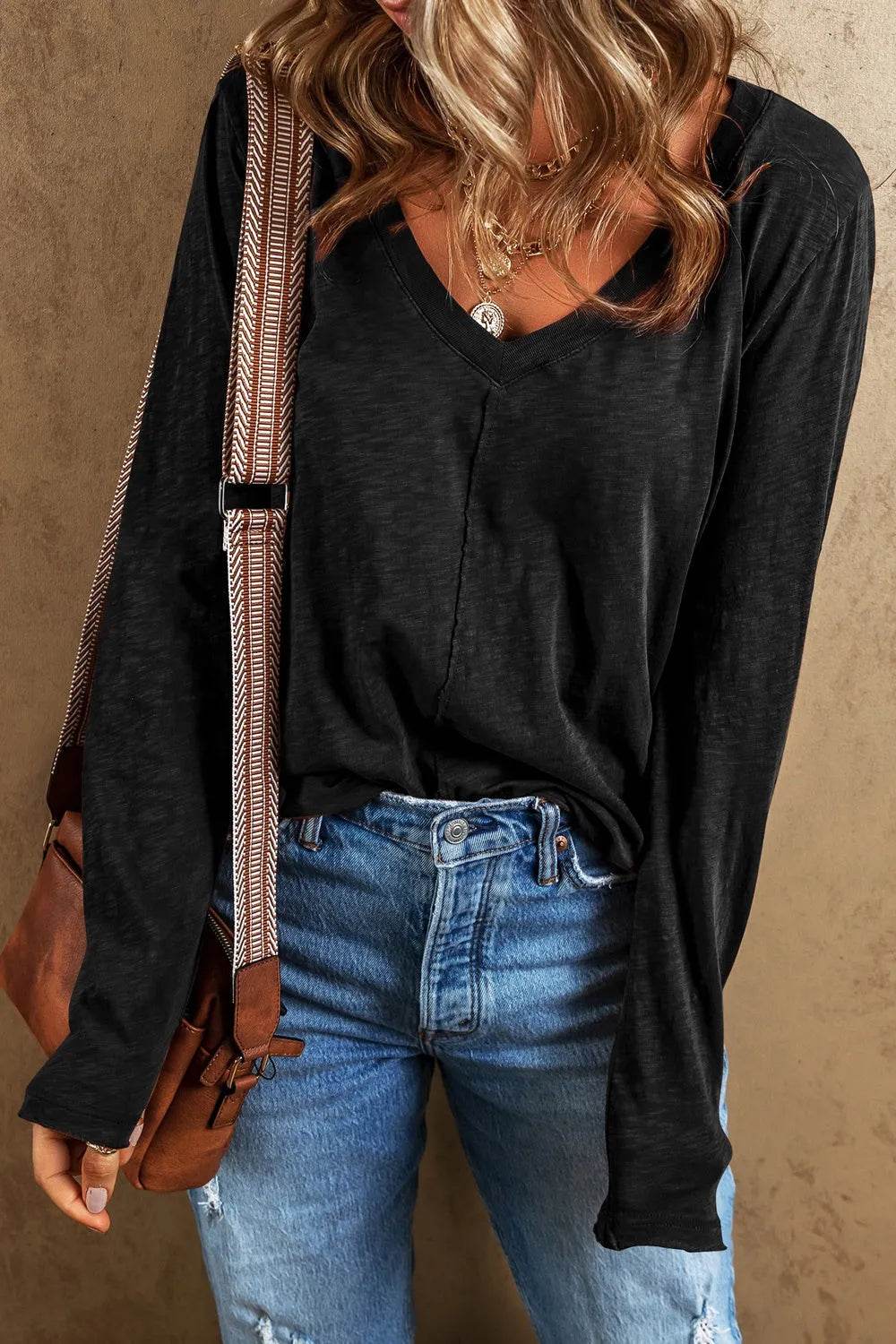 Exposed Seam V-Neck Long Sleeve T-Shirt - Bona Fide Fashion