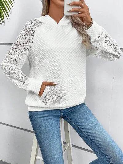 Lace Openwork Kangaroo Pocket Hoodie - Bona Fide Fashion