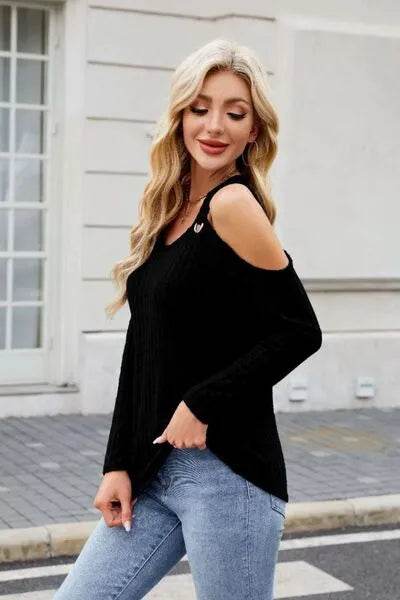 Ribbed Cold Shoulder Long Sleeve Top - Bona Fide Fashion