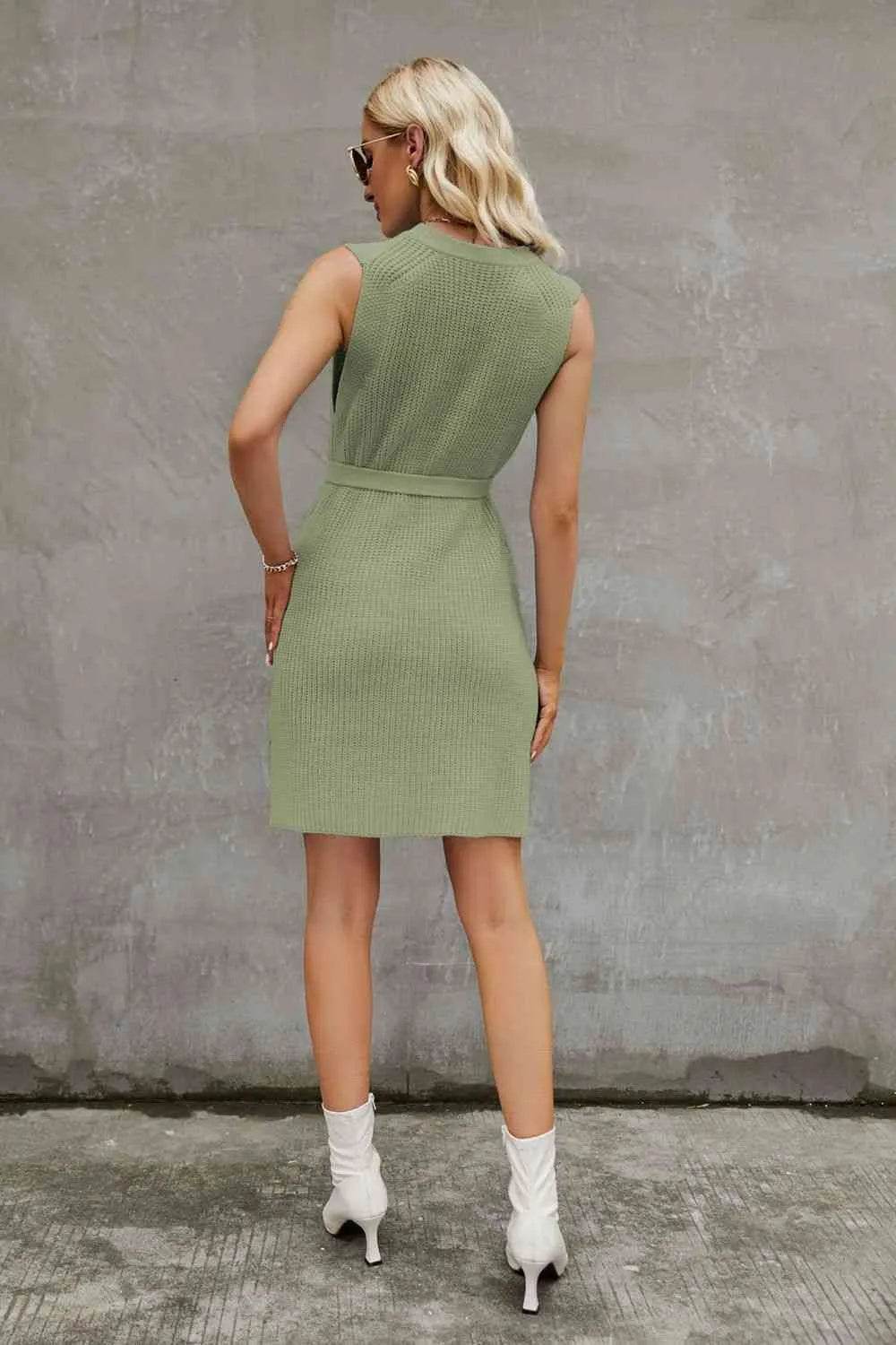 Round Neck Slit Sleeveless Sweater Dress - Bona Fide Fashion
