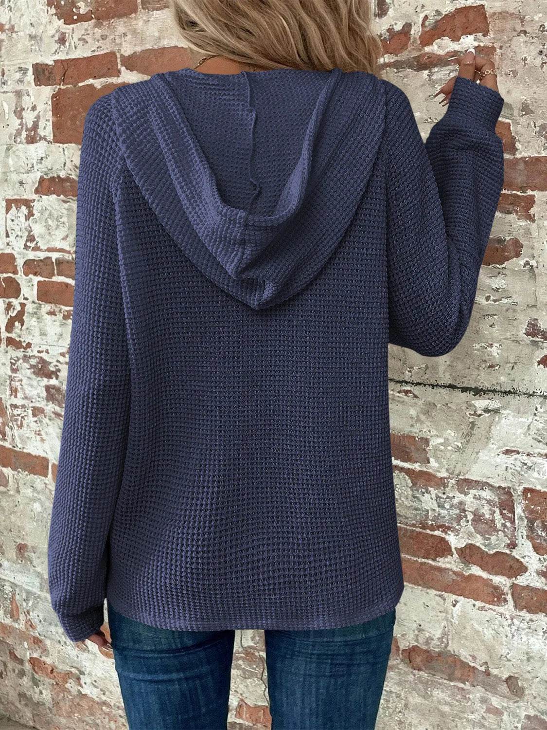 Waffle Knit Long Sleeve Drawstring Hooded Top - Bona Fide Fashion