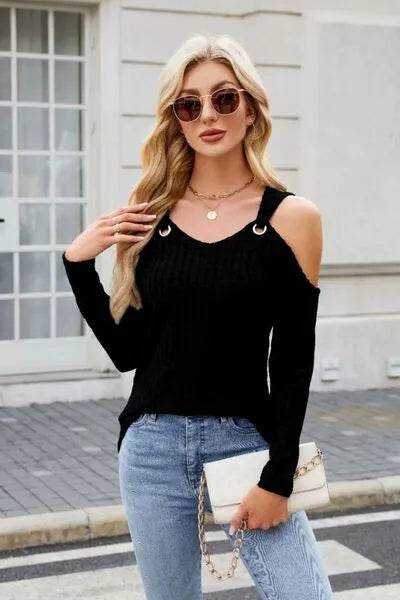 Ribbed Cold Shoulder Long Sleeve Top - Bona Fide Fashion