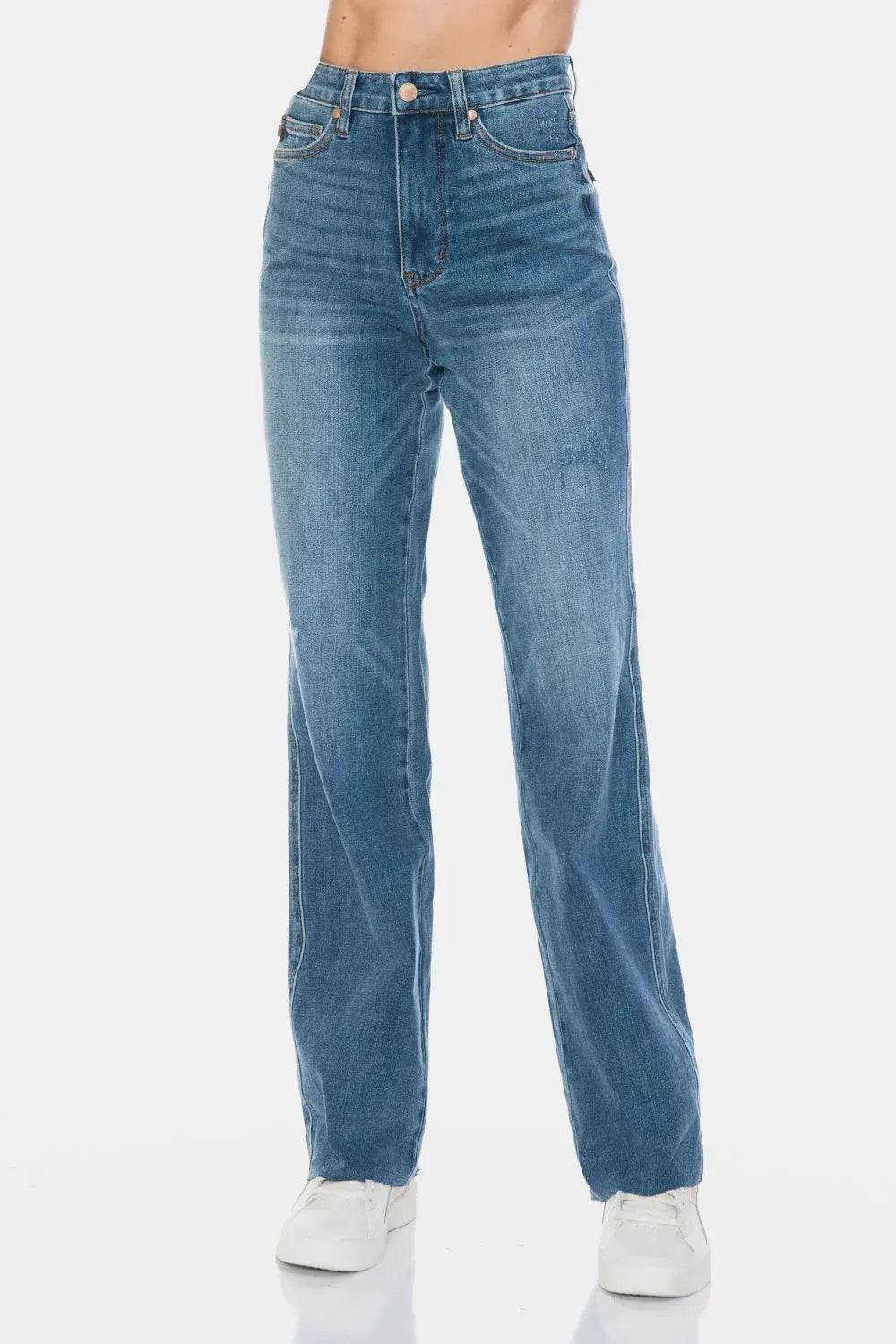 Judy Blue Full Size Tummy Control Cut Raw Hem Straight Jeans - Bona Fide Fashion