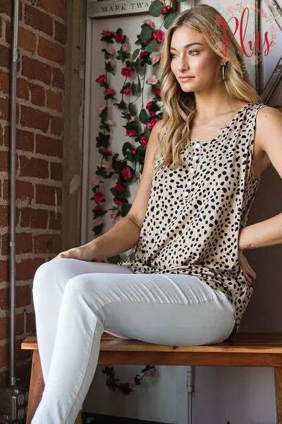 Heimish Full Size Front Button Animal Print Sleeveless Top Plus Size - Bona Fide Fashion