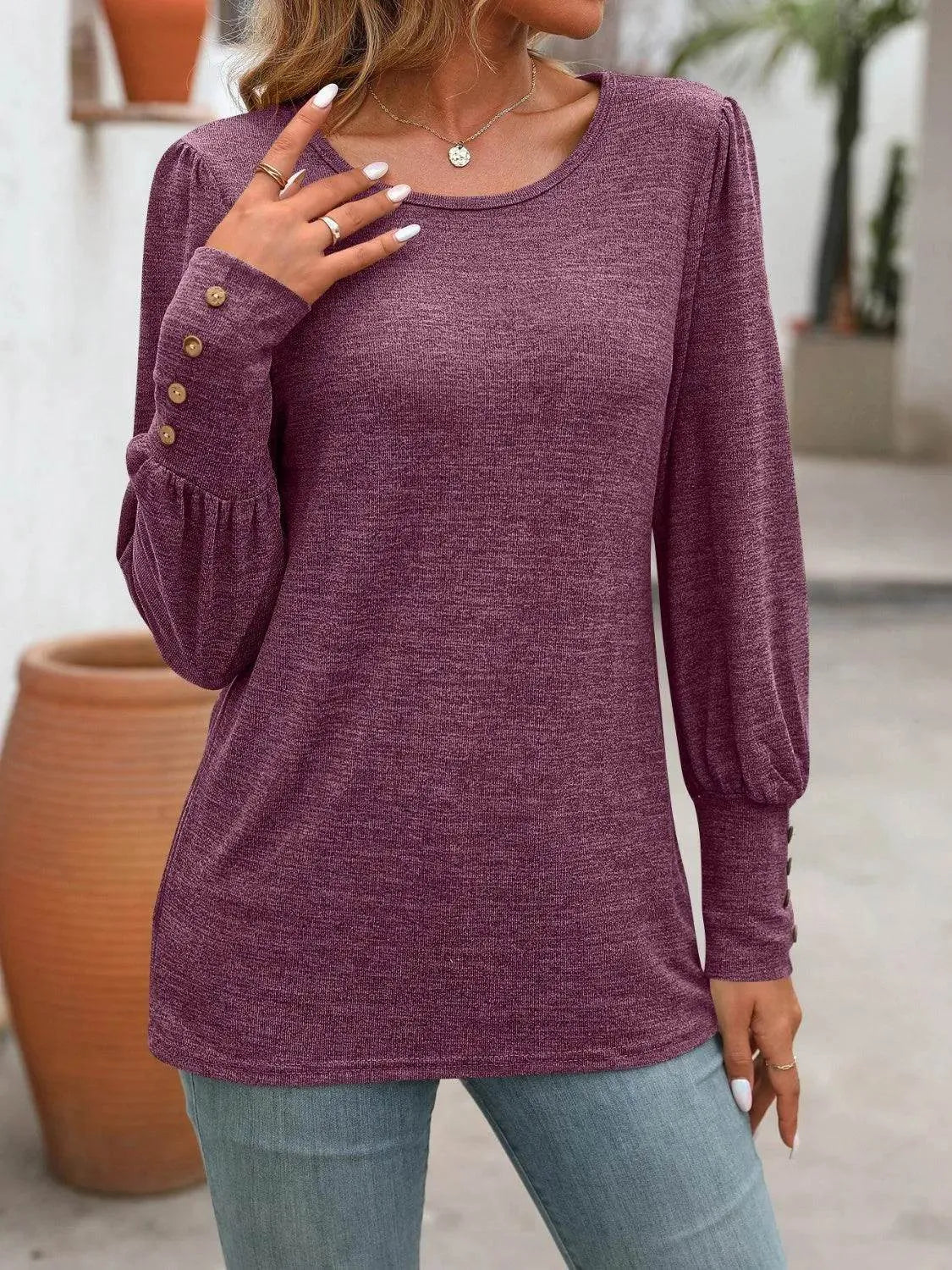 Decorative Button Round Neck Long Sleeve T-Shirt - Bona Fide Fashion