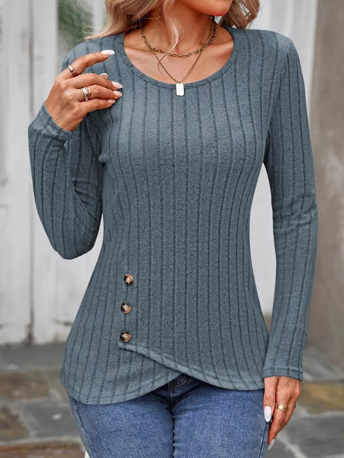 Decorative Button Round Neck Long Sleeve T-Shirt - Bona Fide Fashion