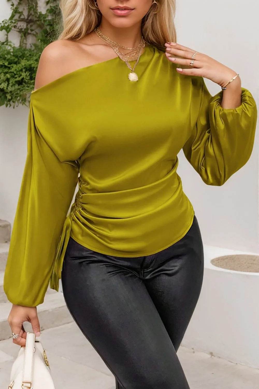 Drawstring One Shoulder Long Sleeve Blouse - Bona Fide Fashion