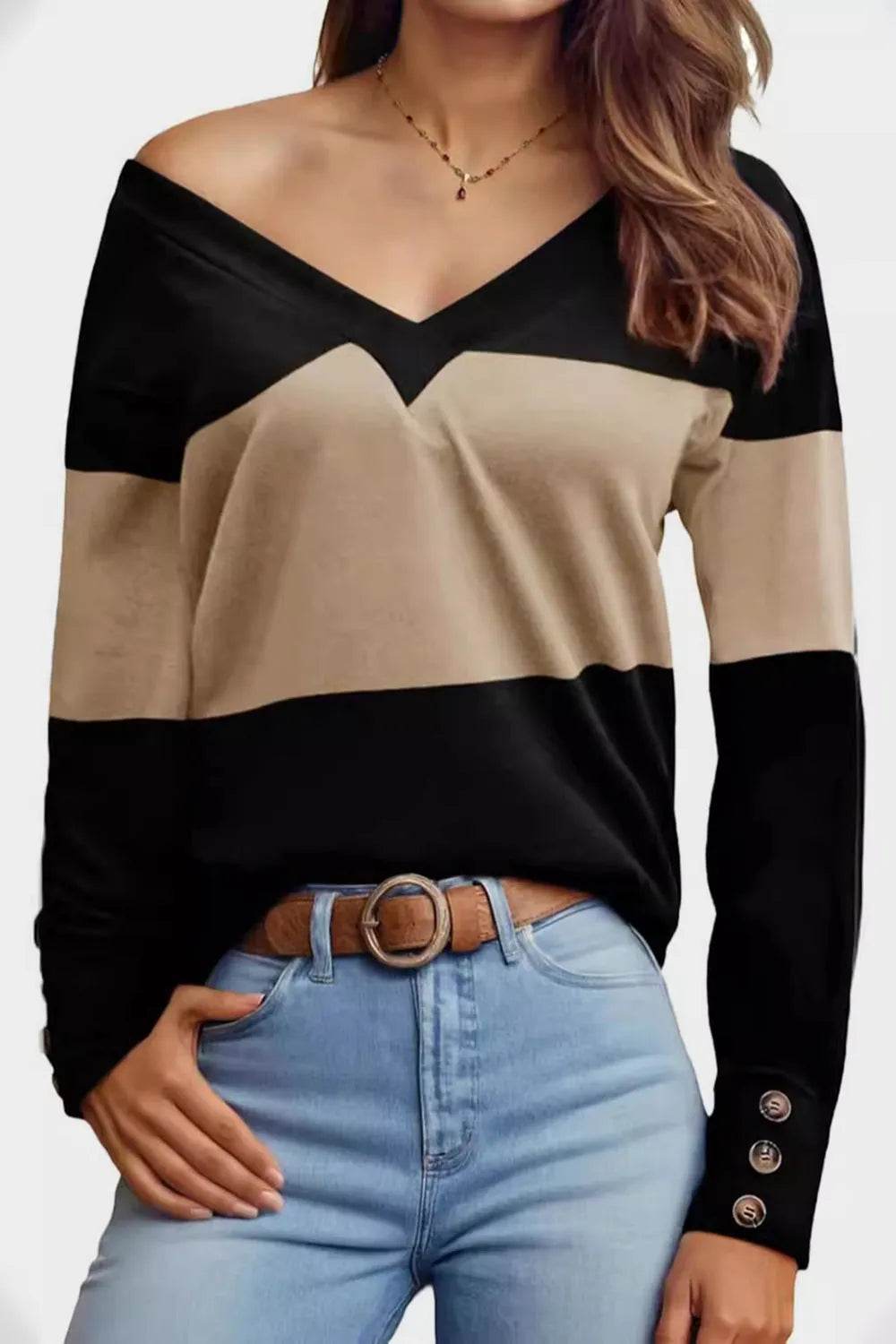 Decorative Button Contrast V-Neck Long Sleeve T-Shirt - Bona Fide Fashion