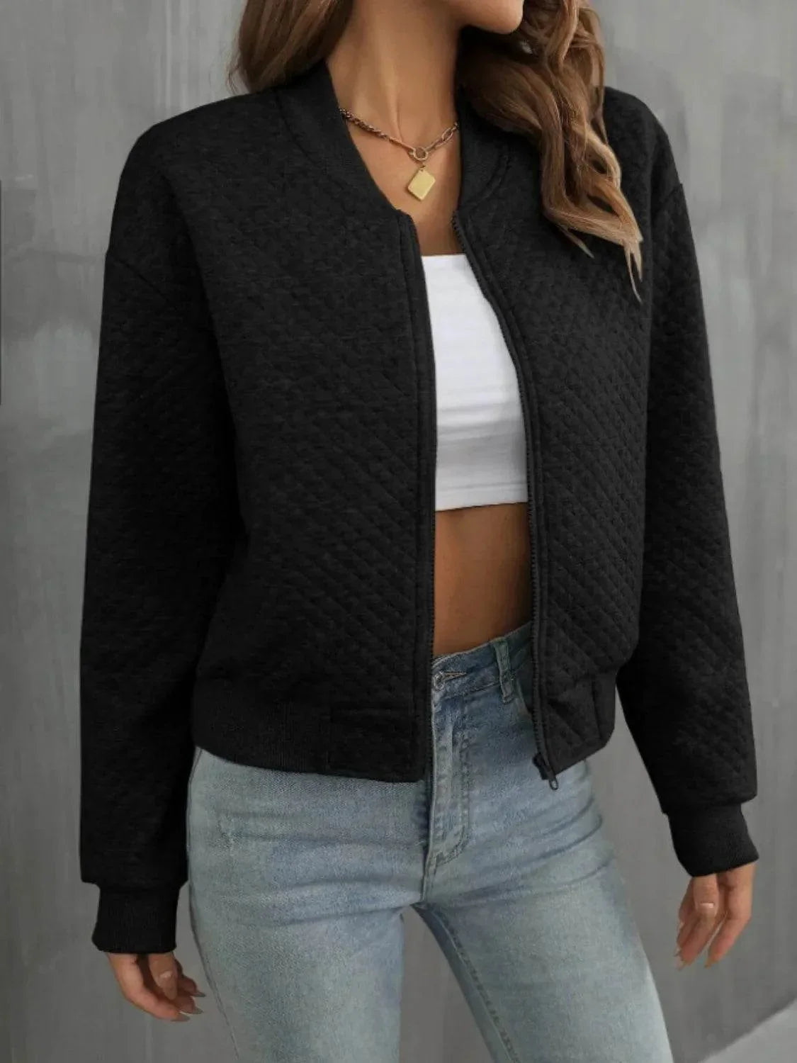 Zip Up Long Sleeve Jacket - Bona Fide Fashion
