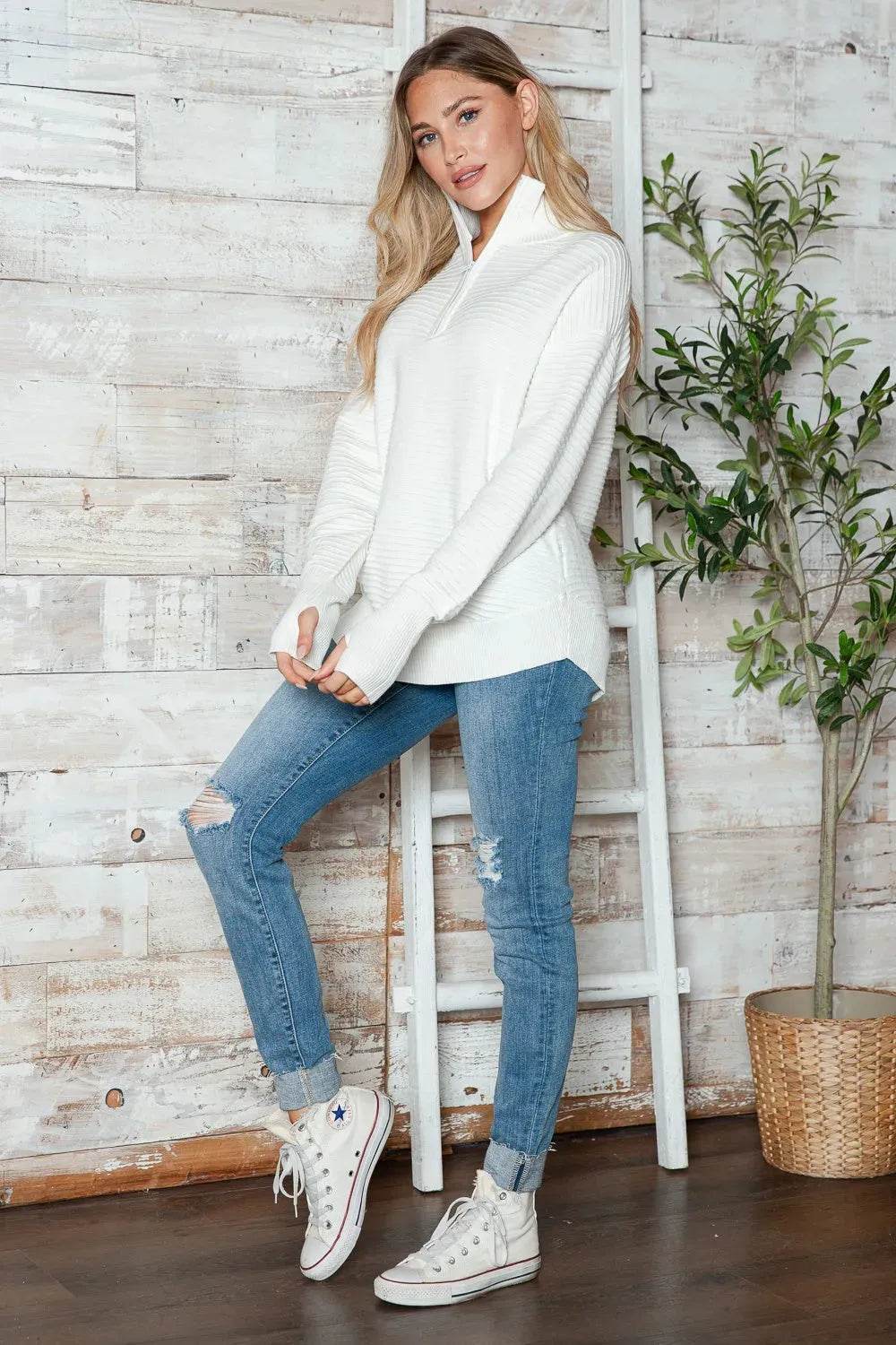Half Zip Long Sleeve Knit Top - Bona Fide Fashion