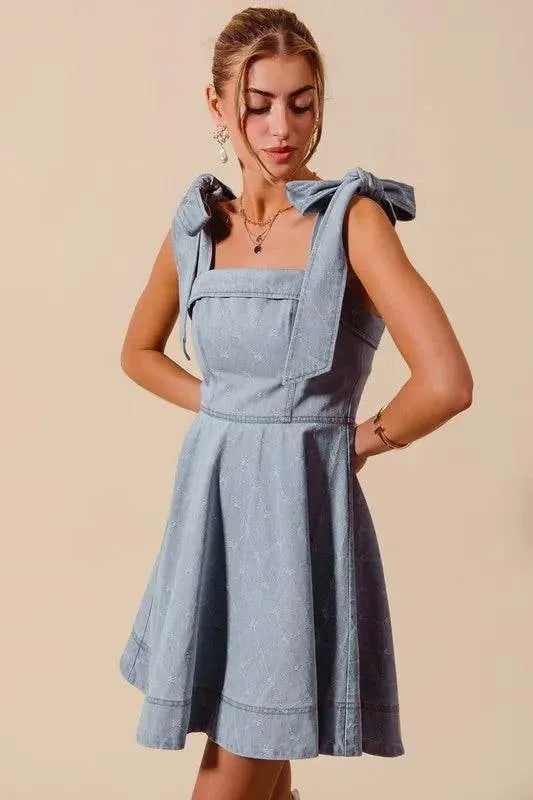 SO ME A Line Fit and Flare Diamond Bow Ribbon Denim Dres - Bona Fide Fashion