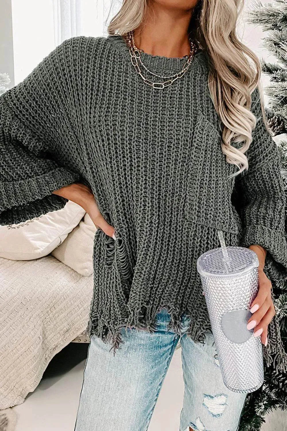 Distressed Round Neck Drop Shoulder Sweater - Bona Fide Fashion