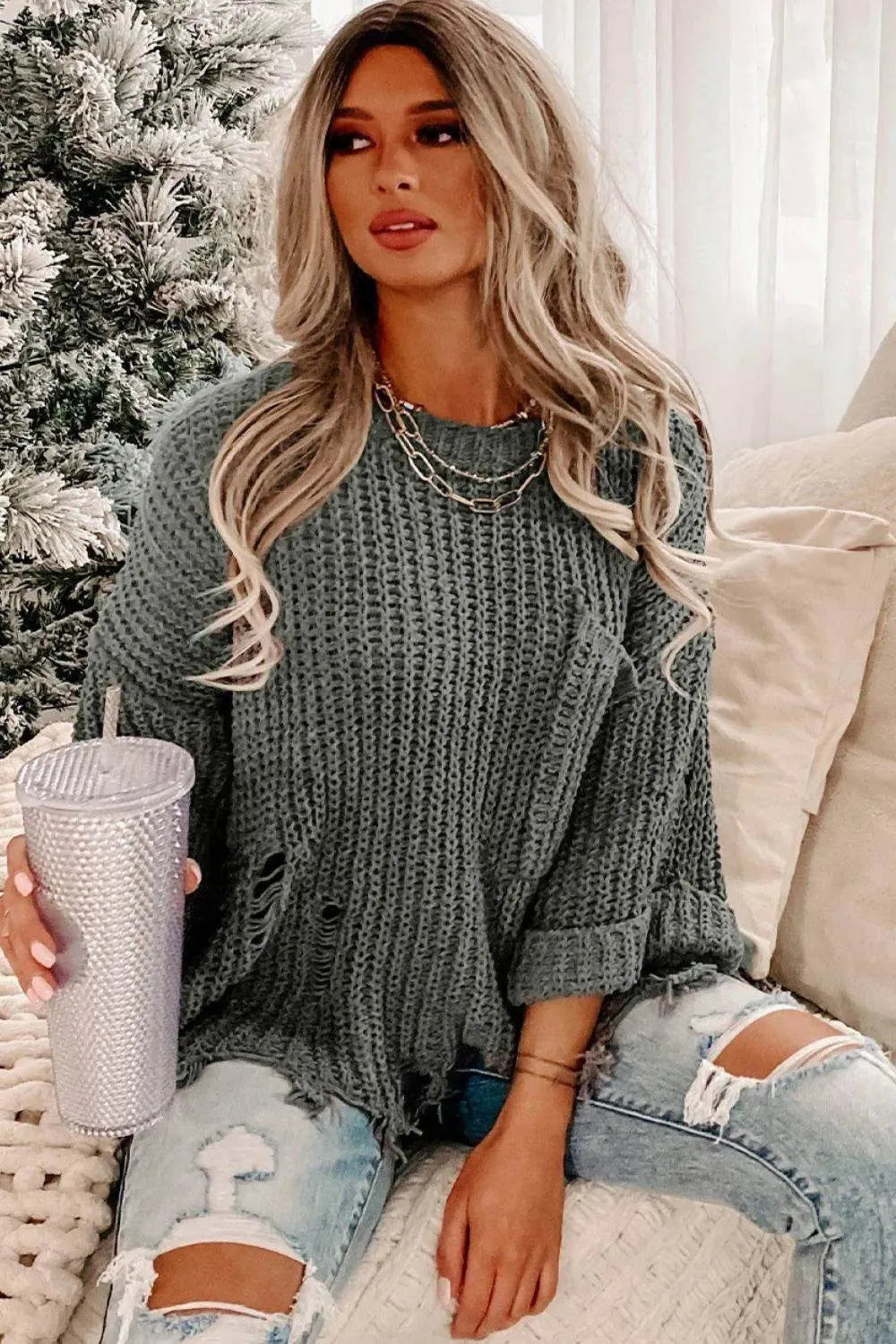 Distressed Round Neck Drop Shoulder Sweater - Bona Fide Fashion