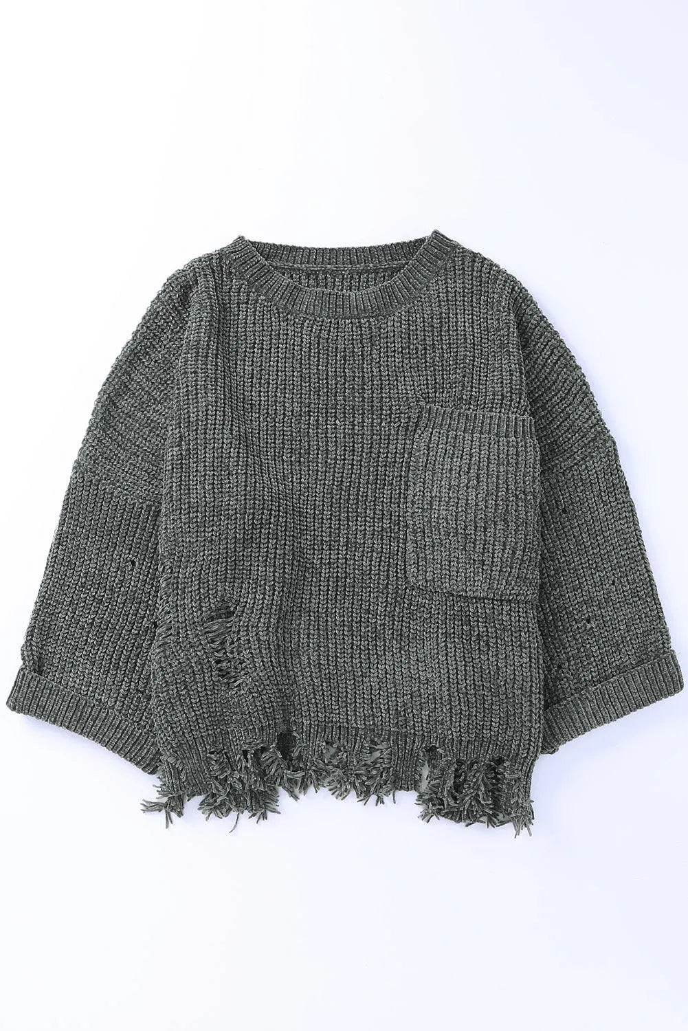 Distressed Round Neck Drop Shoulder Sweater - Bona Fide Fashion