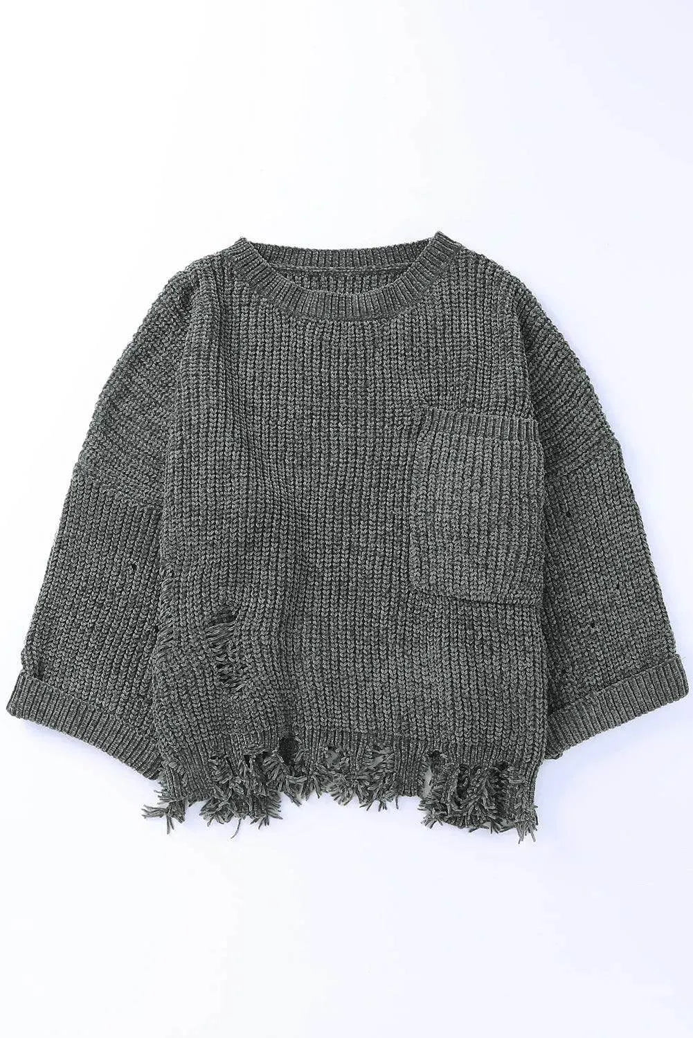 Distressed Round Neck Drop Shoulder Sweater - Bona Fide Fashion