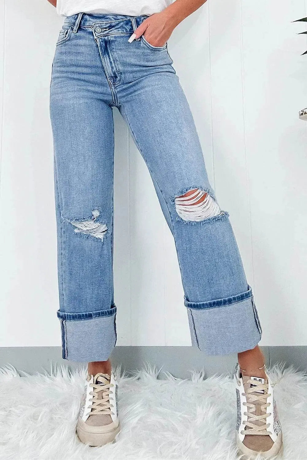 Distressed Straight Jeans with Pockets - Bona Fide Fashion