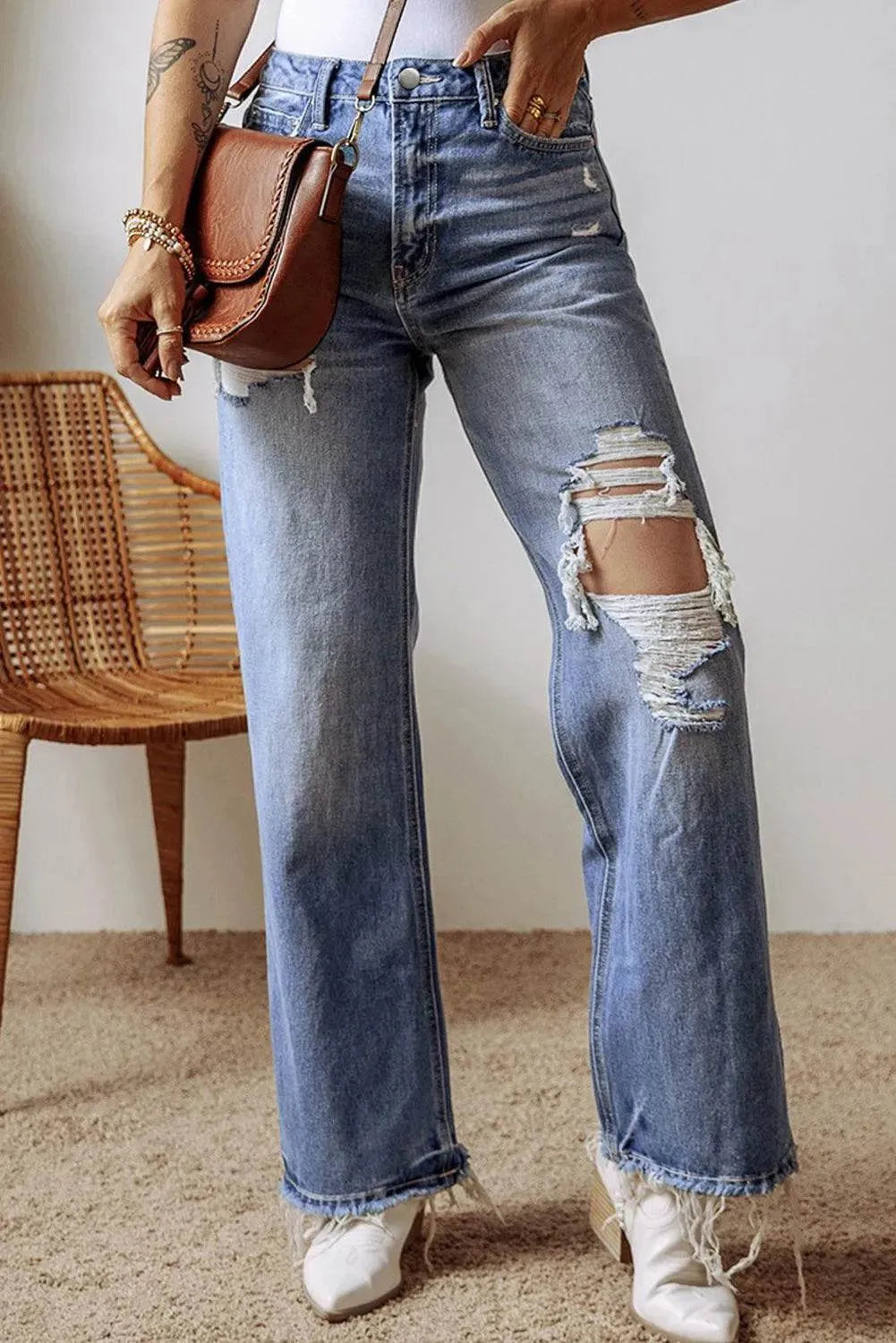 Distressed Straight Leg Jeans with Pockets - Bona Fide Fashion
