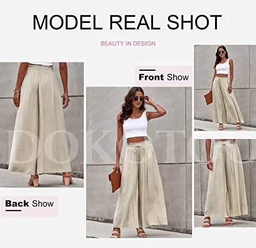 Dokotoo Fashion Womens High Waist Drawstring Wide Leg LongPants Casual Loose Breathable Lounge Yoga Trousers for Women Ladies Beach Pants with Pockets Beige L - Bona Fide Fashion