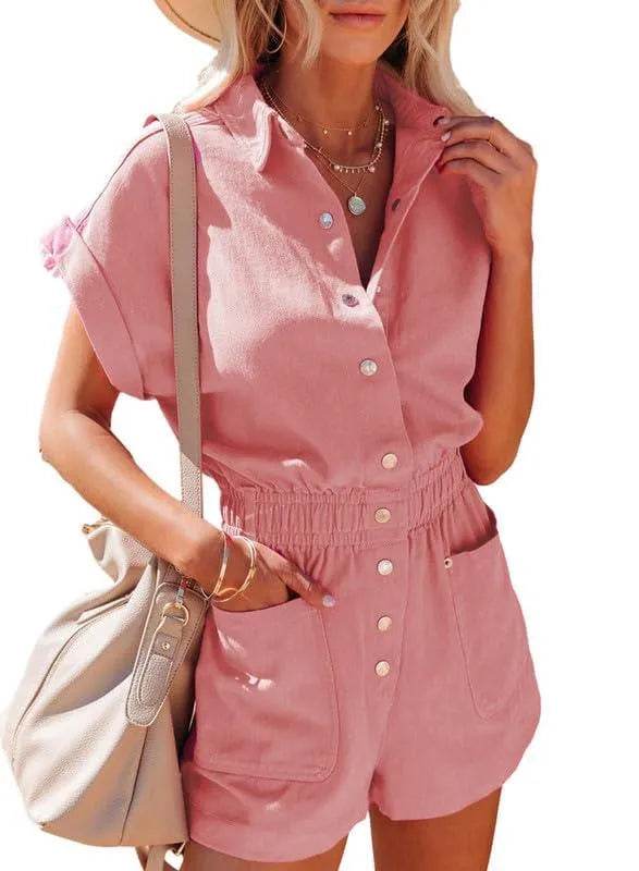 Dokotoo Women Rompers Summer Roll Up Sleeves One Piece 2024 Elegant Wide Leg Jumpsuits Dressy Short Outfits Playsuit with Pocket,Bonbon Medium - Bona Fide Fashion