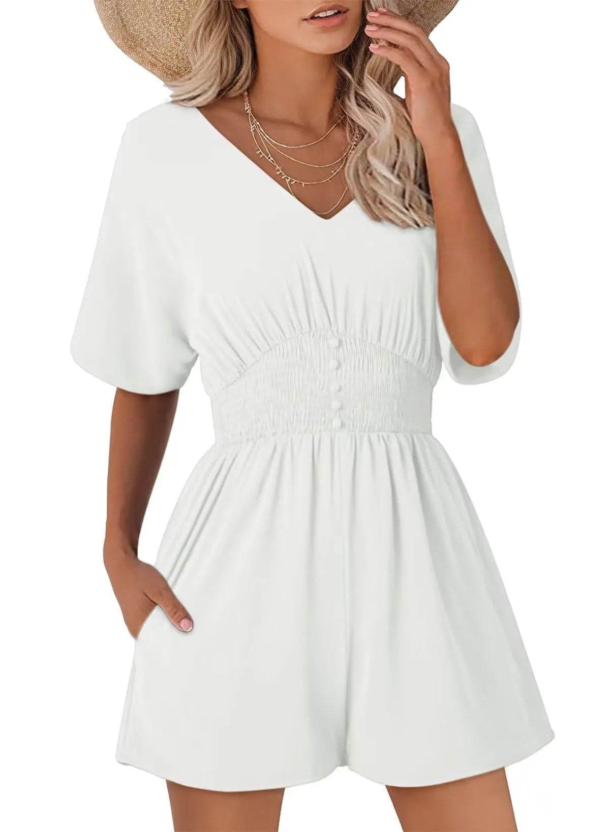 Dokotoo Women's Romper V Neck Button Short Sleeve Smocked Short Casual Summer Rompers Jumpsuits Vacation Outfits for Women Womens Summer Clothes Beach Outfits for Women White Large - Bona Fide Fashion
