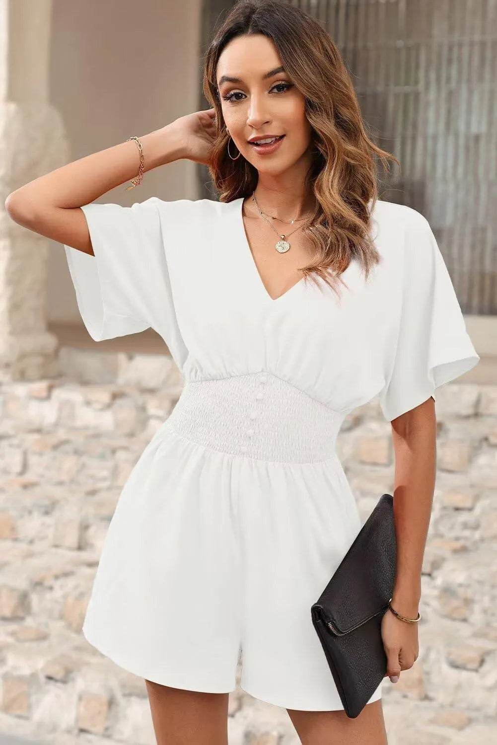 Dokotoo Women's Romper V Neck Button Short Sleeve Smocked Short Casual Summer Rompers Jumpsuits Vacation Outfits for Women Womens Summer Clothes Beach Outfits for Women White Large - Bona Fide Fashion