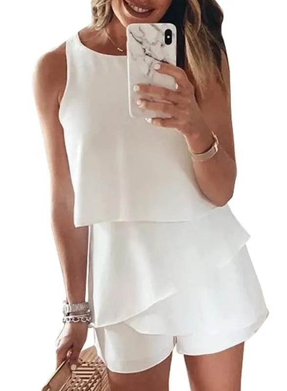 Dokotoo Womens Ladies Fashion 2023 Elegant Summer Casual Sexy Off Shoulder Halter Neck Ruffle Chiffon Sleeveless One Piece Short Rompers Jumpsuits for Women Short White M - Bona Fide Fashion