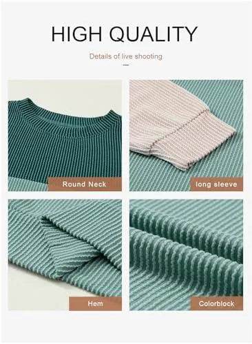 Dokotoo Womens Pullover Shirts Ladies Crewneck Long Sleeve Colorblock Tunics Blouses Autumn Winter Casual Loose Jumper Tops Fall Fashion Knitted Tops Blue Green Medium - Bona Fide Fashion