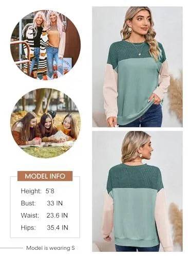 Dokotoo Womens Pullover Shirts Ladies Crewneck Long Sleeve Colorblock Tunics Blouses Autumn Winter Casual Loose Jumper Tops Fall Fashion Knitted Tops Blue Green Medium - Bona Fide Fashion