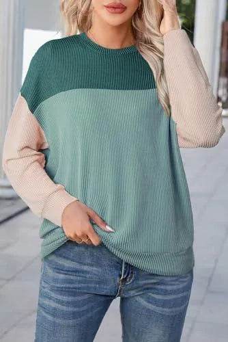 Dokotoo Womens Pullover Shirts Ladies Crewneck Long Sleeve Colorblock Tunics Blouses Autumn Winter Casual Loose Jumper Tops Fall Fashion Knitted Tops Blue Green Medium - Bona Fide Fashion