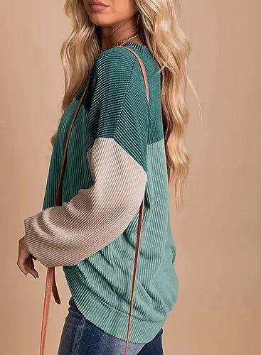 Dokotoo Womens Pullover Shirts Ladies Crewneck Long Sleeve Colorblock Tunics Blouses Autumn Winter Casual Loose Jumper Tops Fall Fashion Knitted Tops Blue Green Medium - Bona Fide Fashion