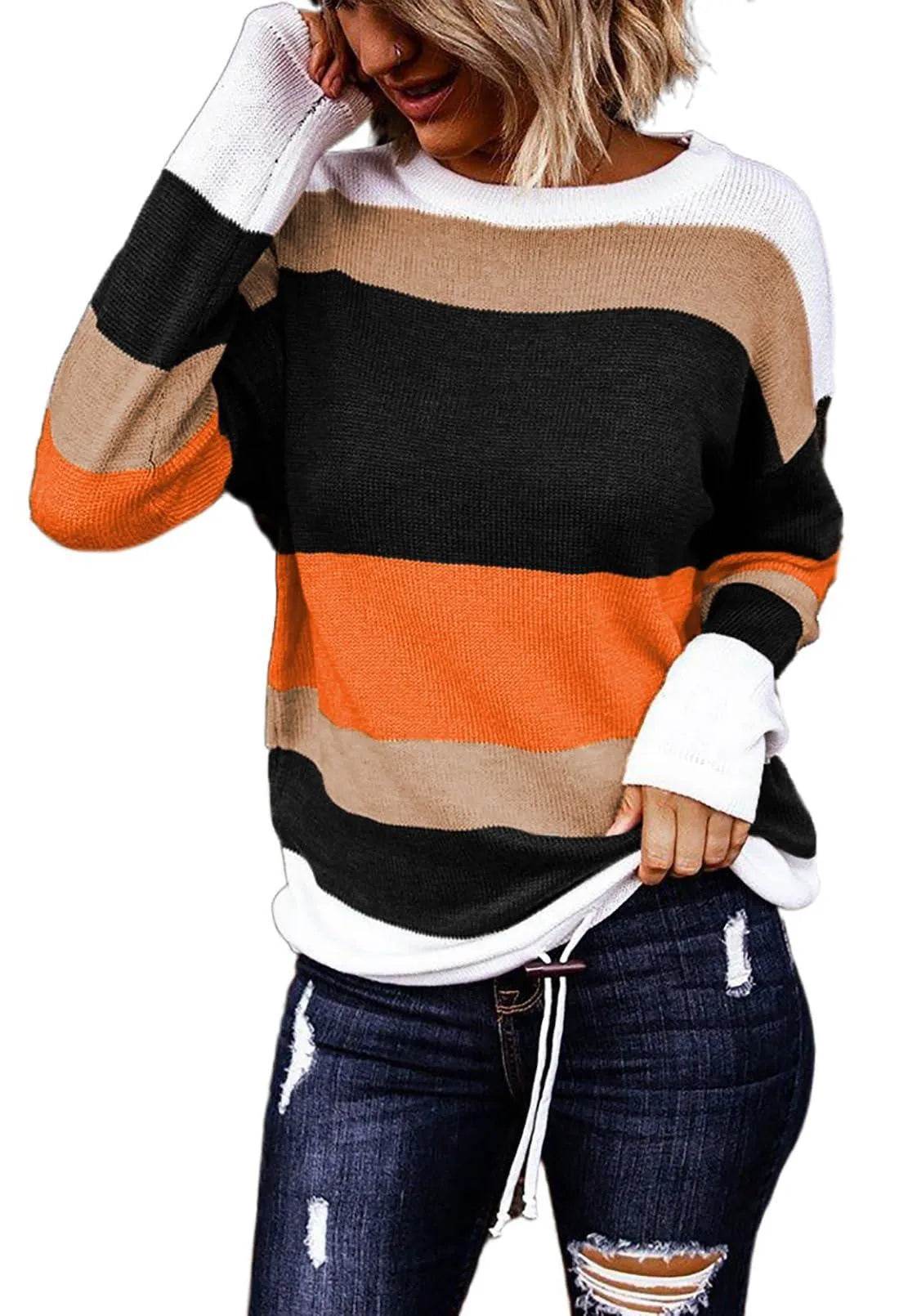 Dokotoo Womens Sweaters Round Neck Striped Cute Winter Pullover Sweaters for Women Trendy 2023 Drawstring Orange Medium - Bona Fide Fashion