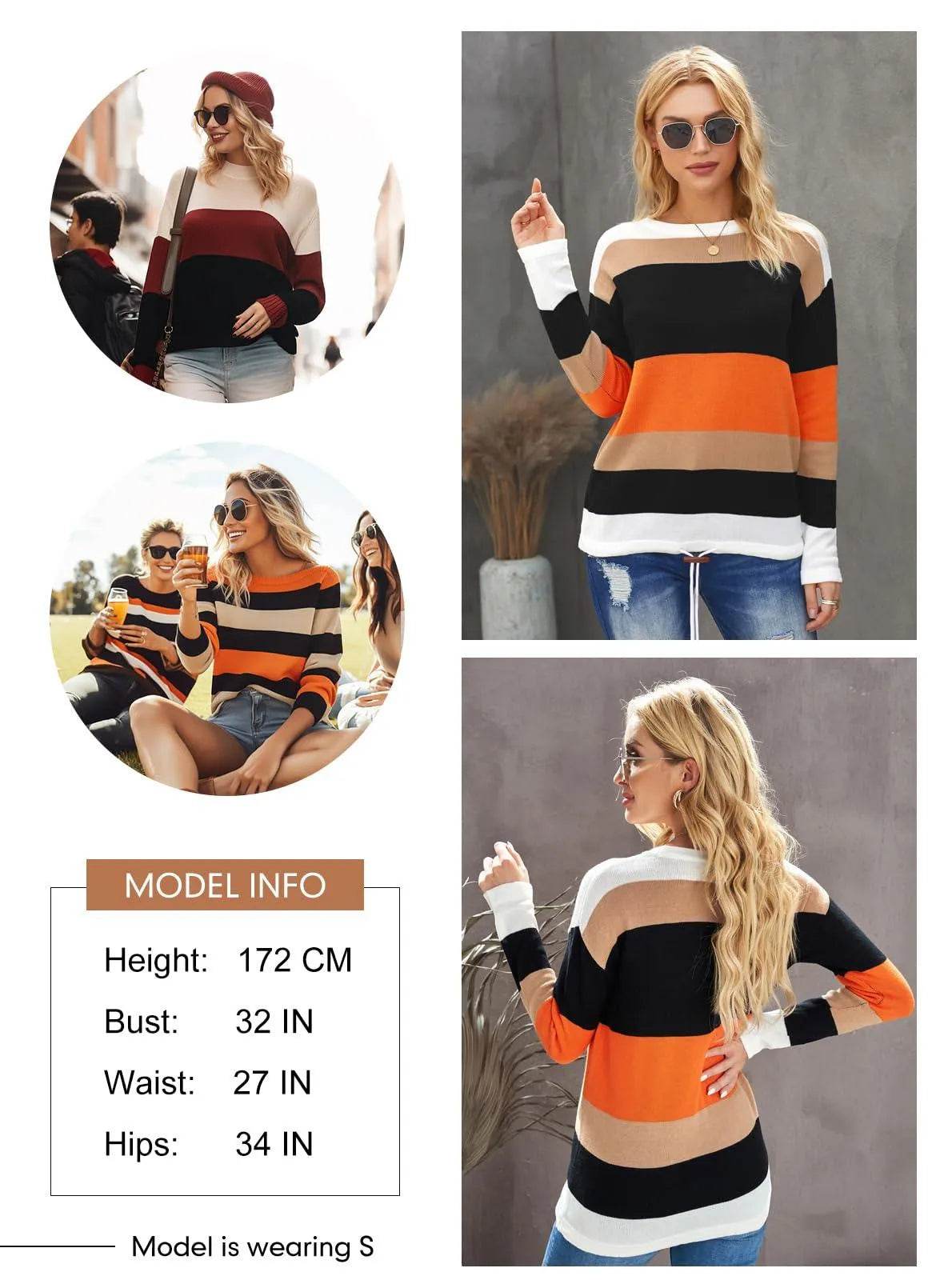 Dokotoo Womens Sweaters Round Neck Striped Cute Winter Pullover Sweaters for Women Trendy 2023 Drawstring Orange Medium - Bona Fide Fashion