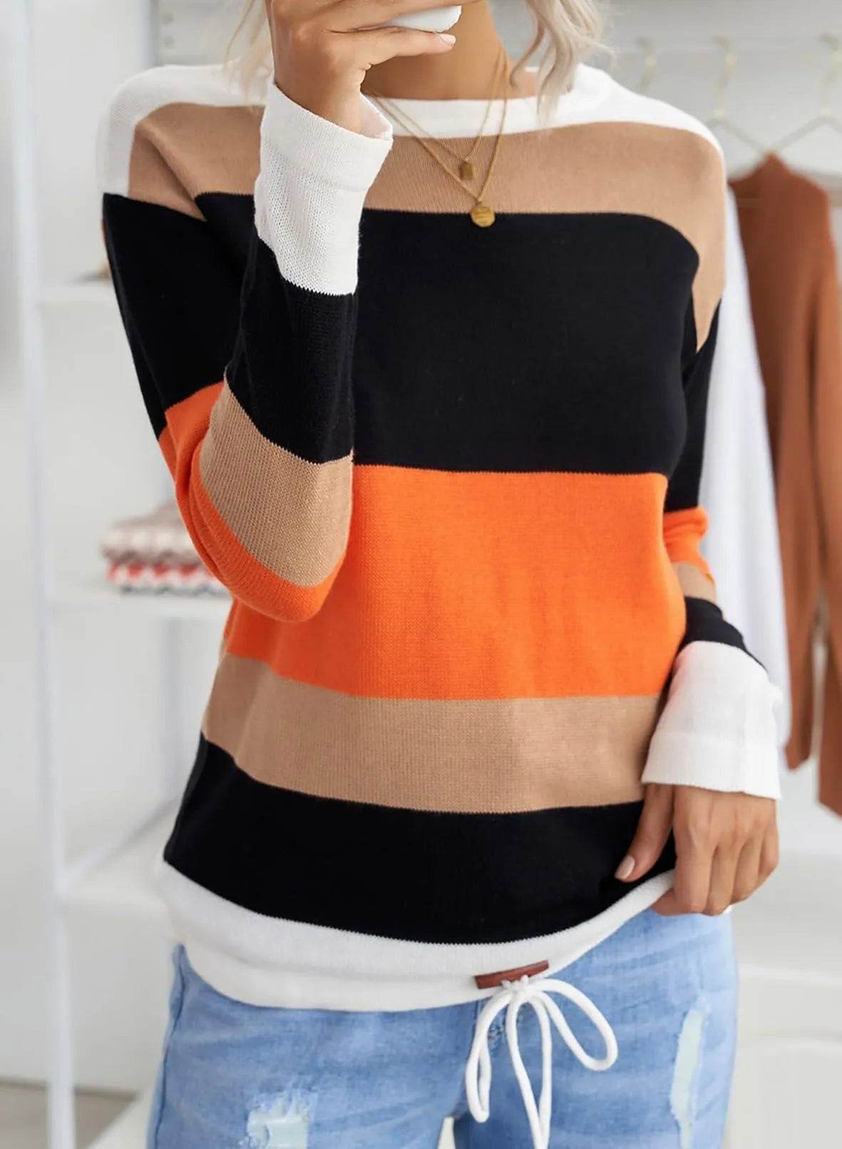 Dokotoo Womens Sweaters Round Neck Striped Cute Winter Pullover Sweaters for Women Trendy 2023 Drawstring Orange Medium - Bona Fide Fashion