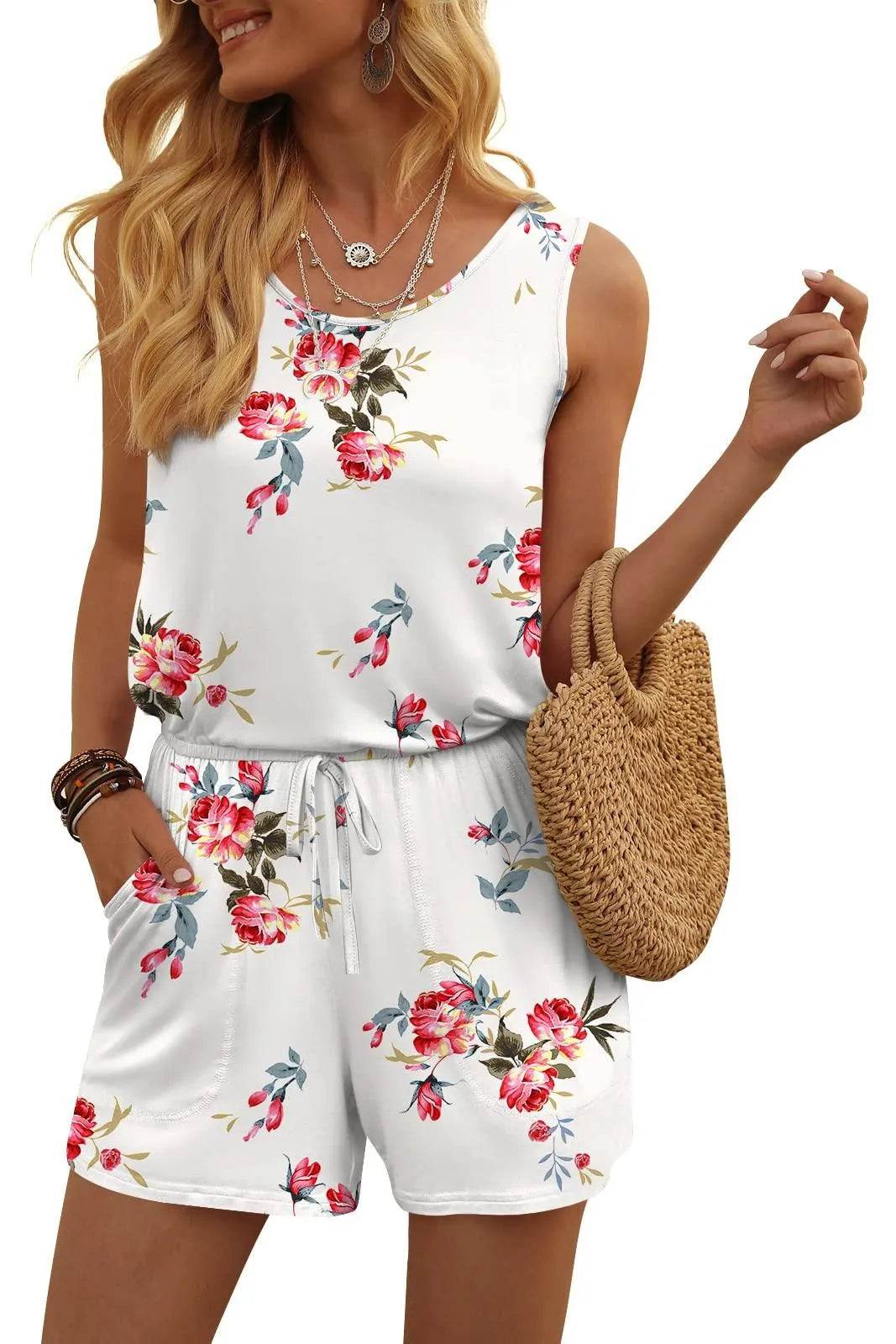 DouBCQ Womens Summer Casual Sleeveless Loose Jumpsuits Romper with Pockets (Floral Red White, X-Large) - Bona Fide Fashion