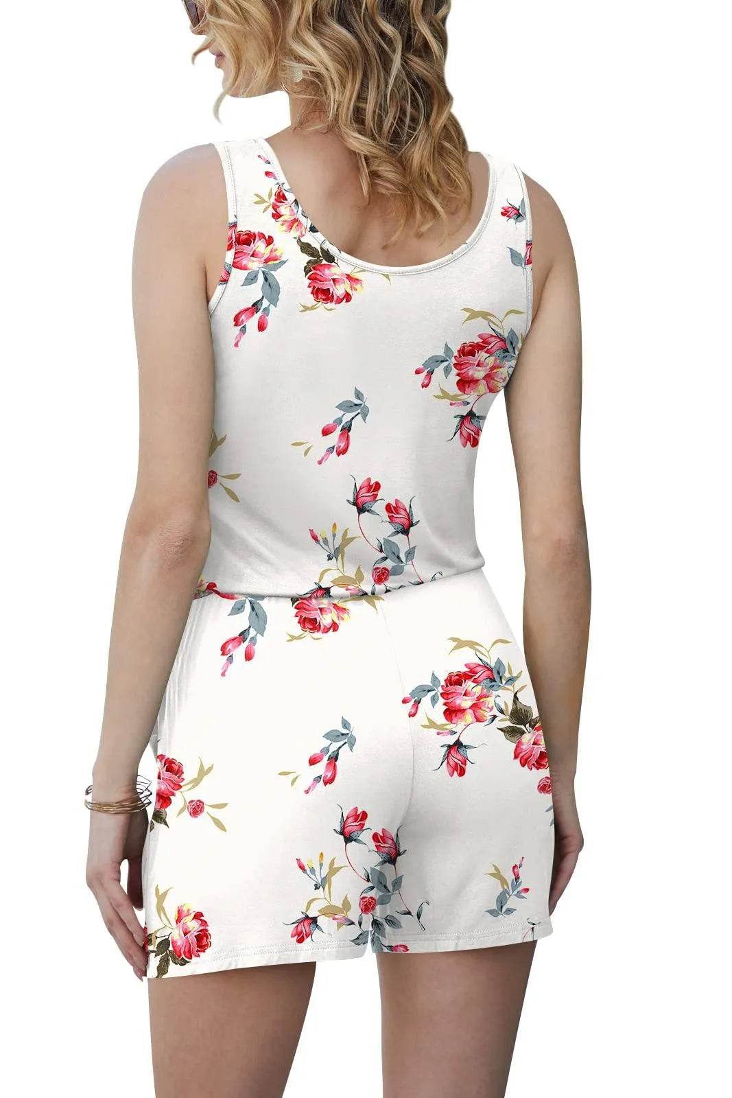 DouBCQ Womens Summer Casual Sleeveless Loose Jumpsuits Romper with Pockets (Floral Red White, X-Large) - Bona Fide Fashion