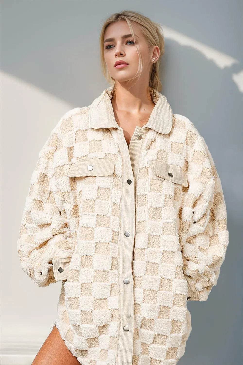 Double Take Button Up Fuzzy Checkered Shacket - Bona Fide Fashion