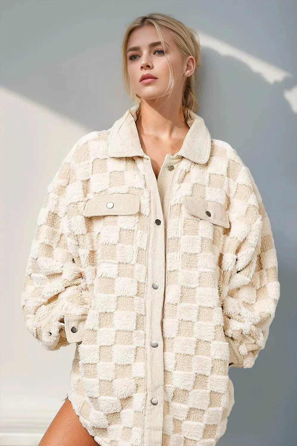 Double Take Button Up Fuzzy Checkered Shacket - Bona Fide Fashion