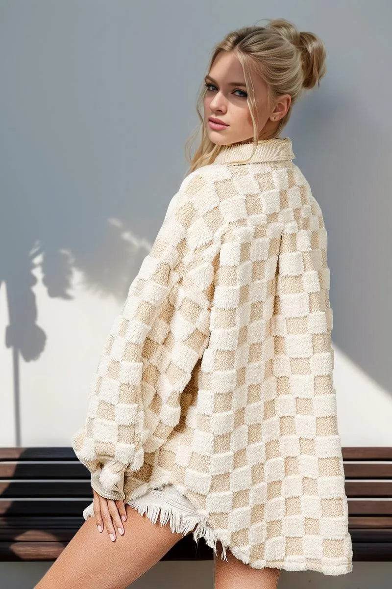 Double Take Button Up Fuzzy Checkered Shacket - Bona Fide Fashion