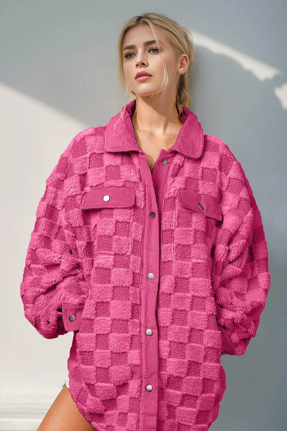 Double Take Button Up Fuzzy Checkered Shacket - Bona Fide Fashion