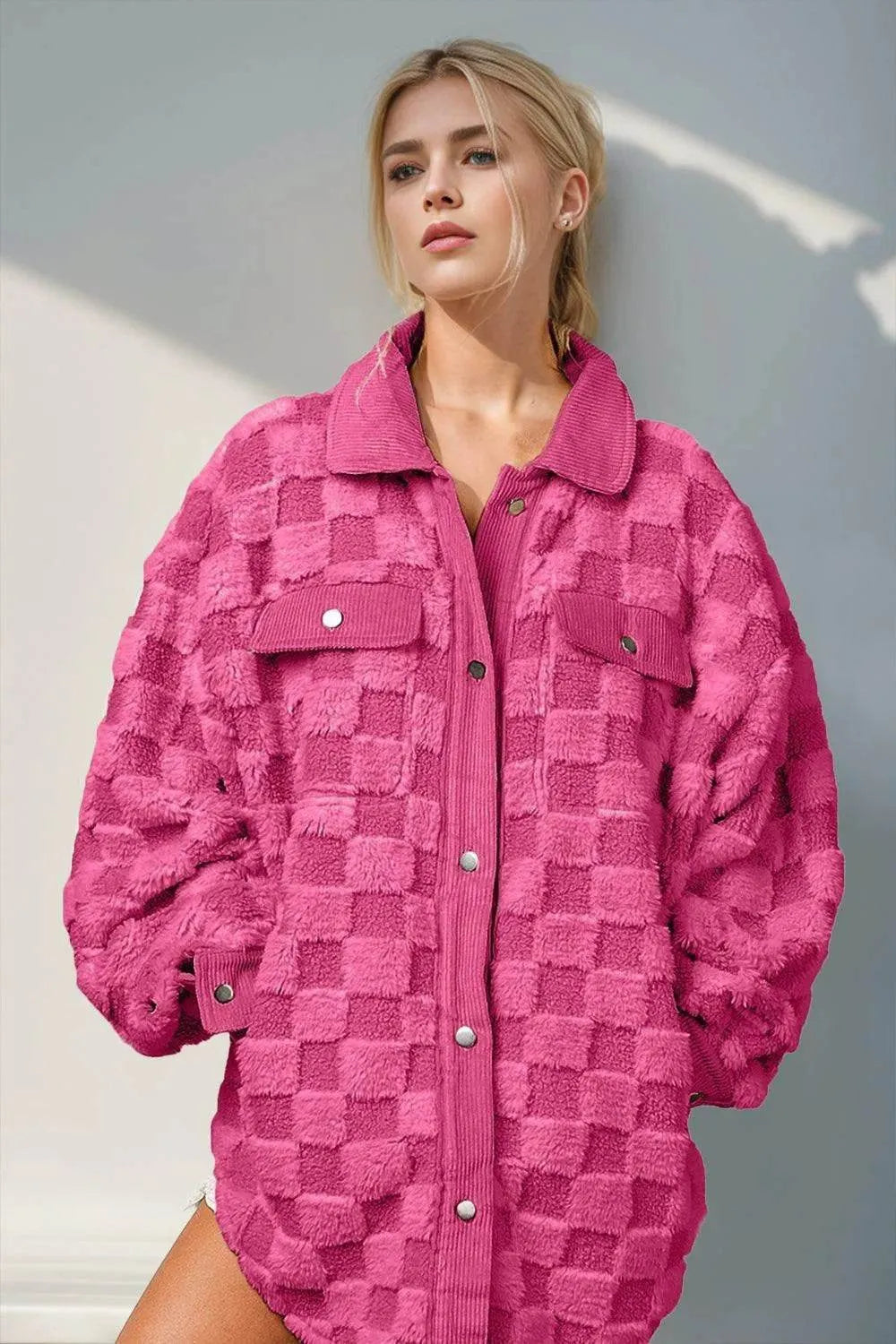Double Take Button Up Fuzzy Checkered Shacket - Bona Fide Fashion