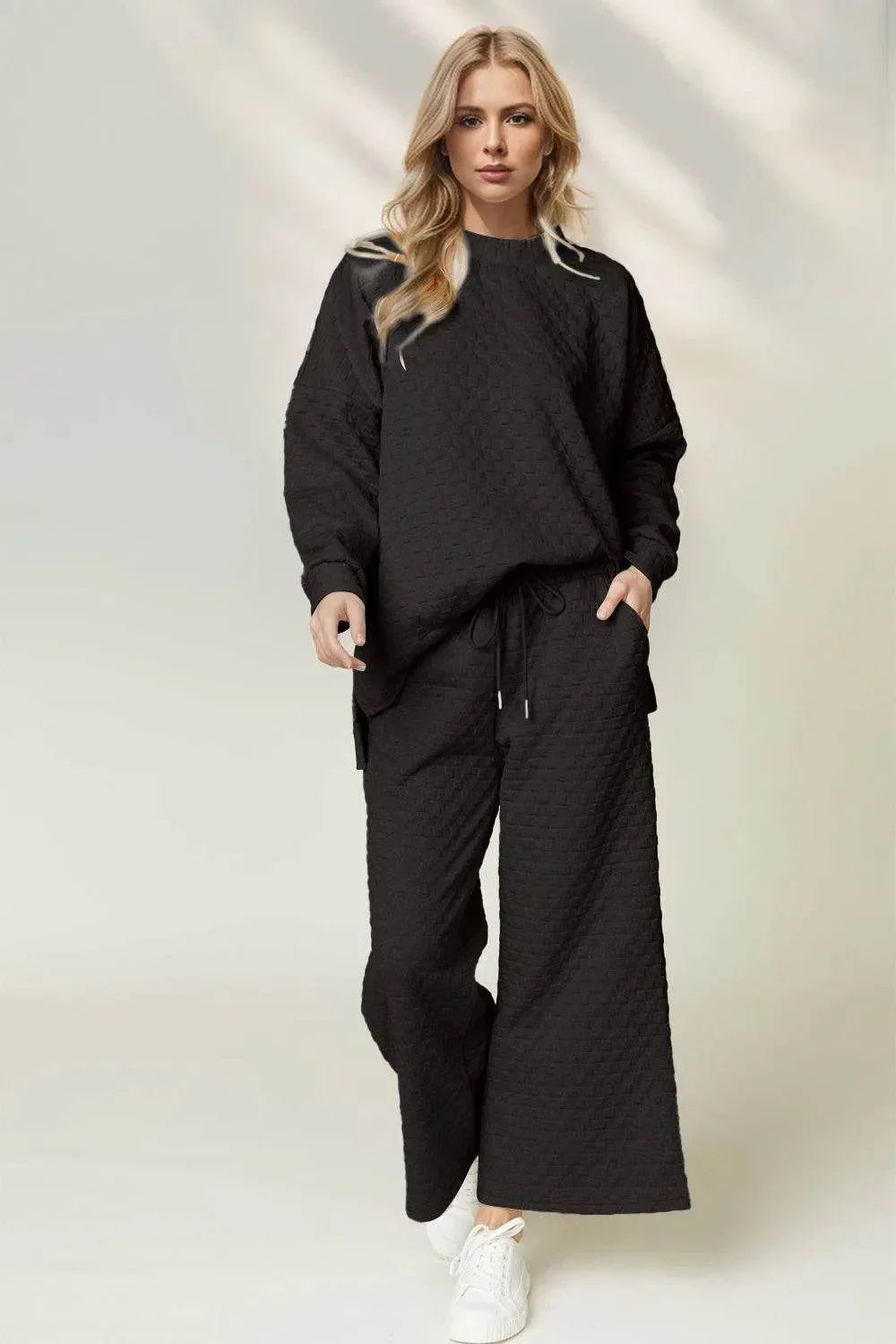 Double Take Checkered Slit High-Low Round Neck Top and Wide Leg Pants Set - Bona Fide Fashion